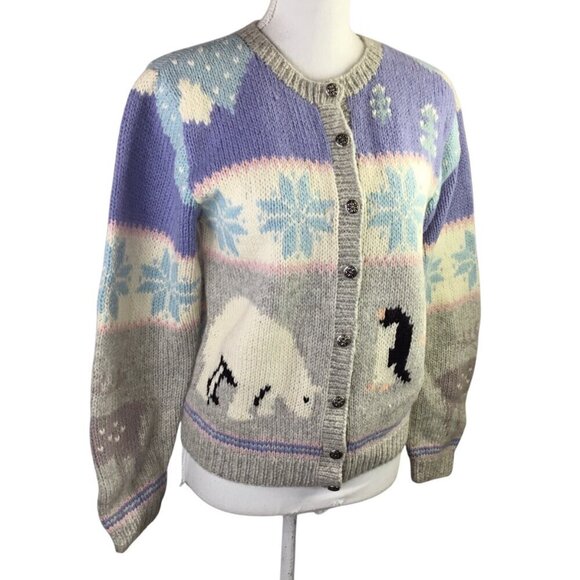 Vtg Hand Knit Skyr Cardigan Sweater Nordic Fair Isle Penguin Polar Bear Reindeer - Picture 1 of 11